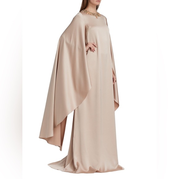 $980 TERI JON BY RICKIE FREEMAN Satin Maxi Dress In Blush. Size 10 - Picture 2 of 12